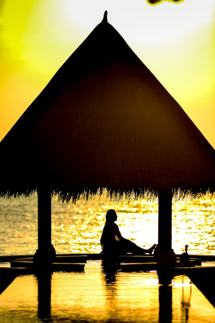 A tranquil evening by the water in the Maldives, featuring a silhouette against a golden sunset.